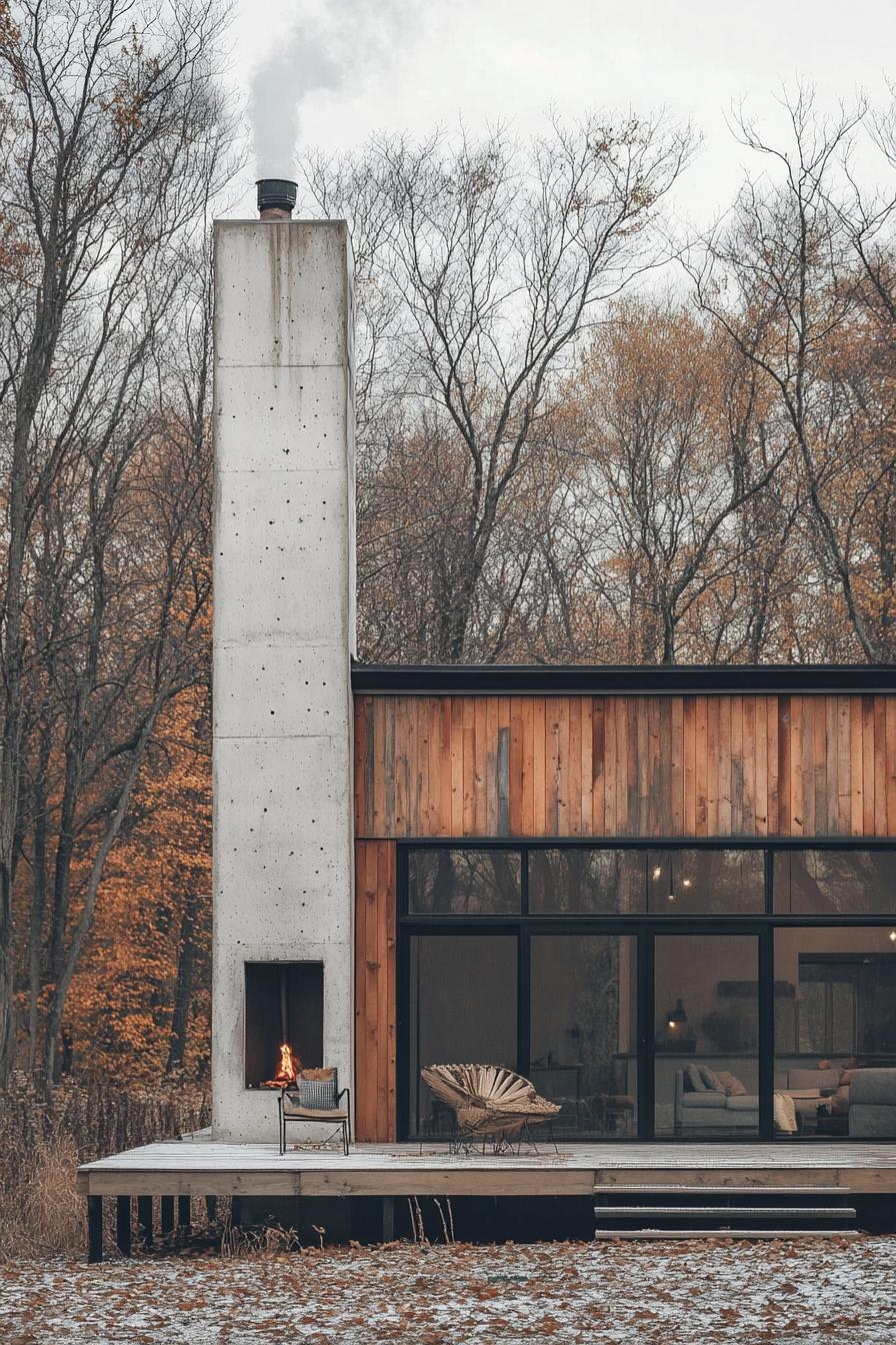 modern house with precast conrete facade built on an old factory with preserved chimney porch with cozy furniture leafless trees in the background in late autumn 2