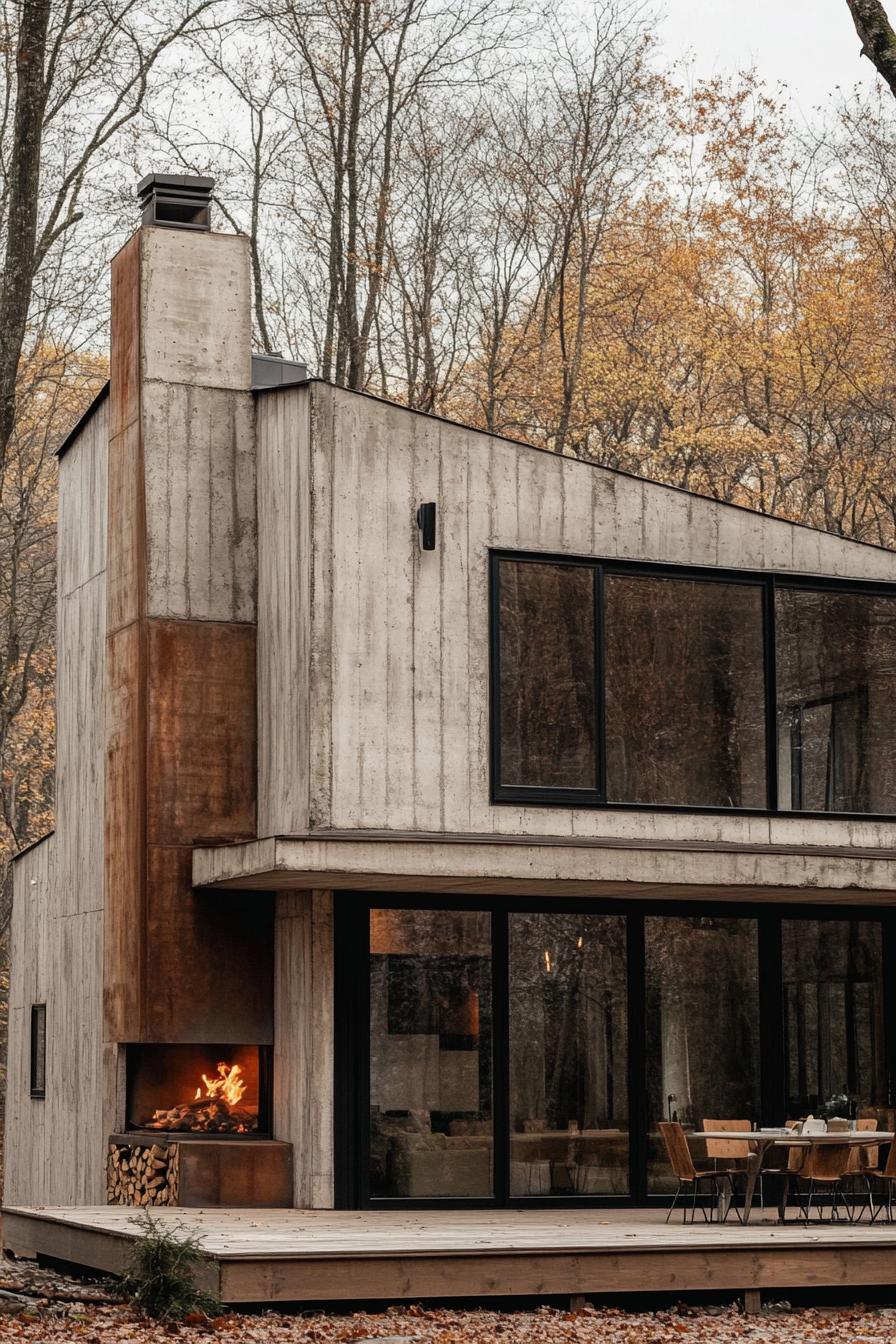 modern house with precast conrete facade built on an old factory with preserved chimney porch with cozy furniture leafless trees in the background in late autumn 3