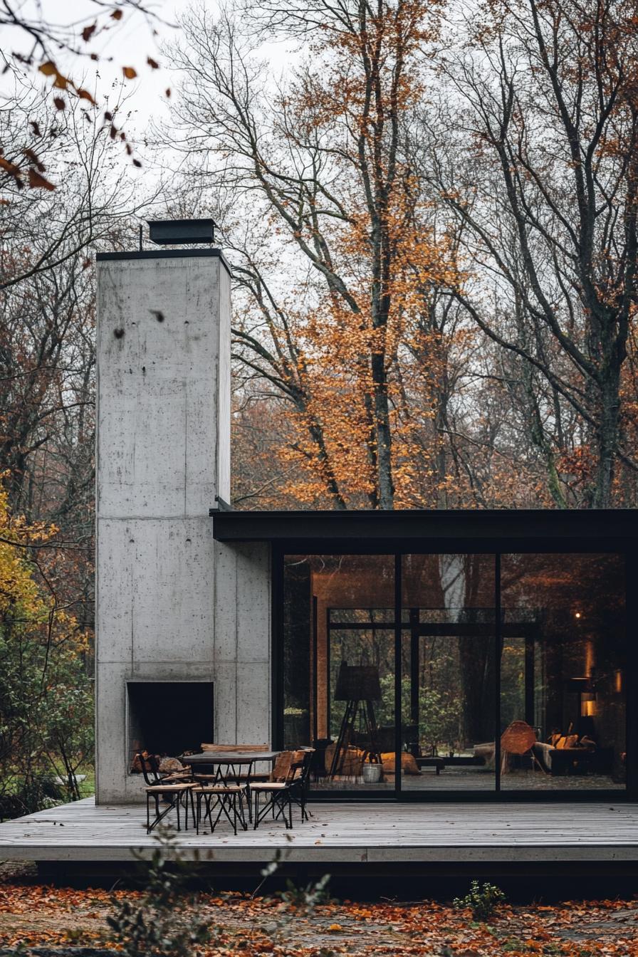 modern house with precast conrete facade built on an old factory with preserved chimney porch with cozy furniture leafless trees in the background in late autumn