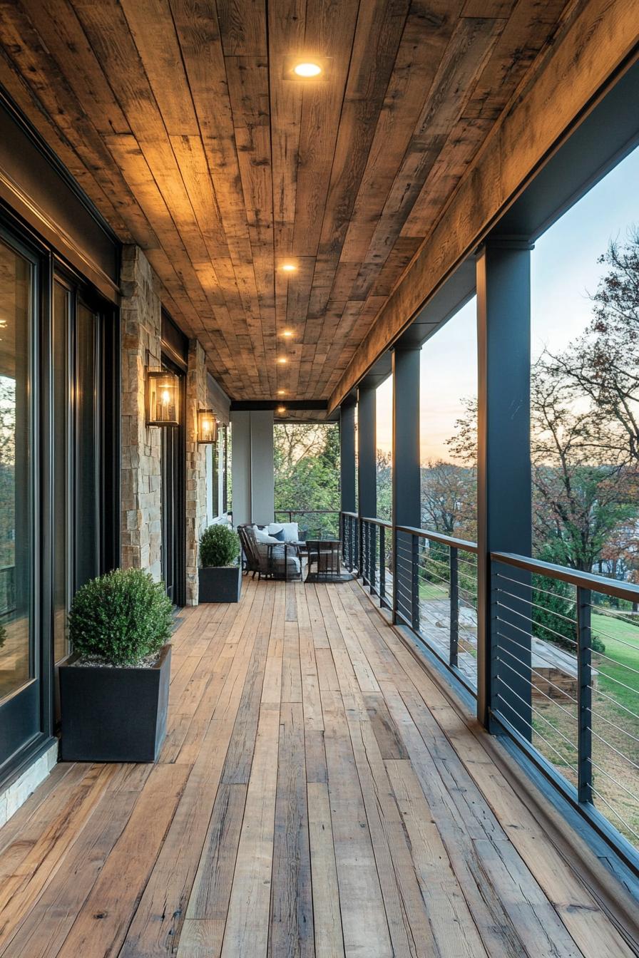 modern house wraparound deck porch with reclaimed wood ceiling 1