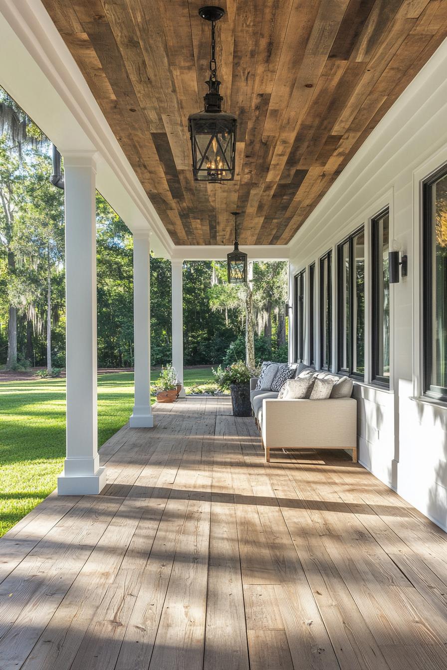 modern house wraparound deck porch with reclaimed wood ceiling 2