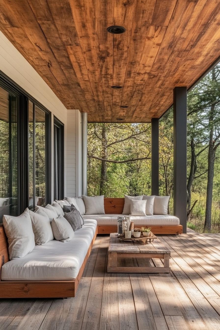 modern house wraparound deck porch with reclaimed wood ceiling