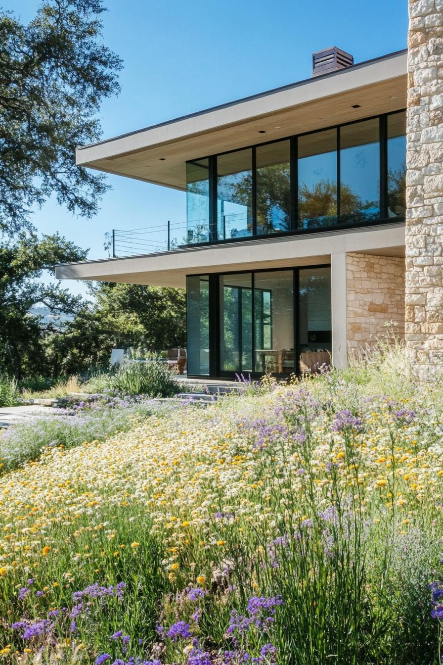 modern house yard with wildflower lawn 1