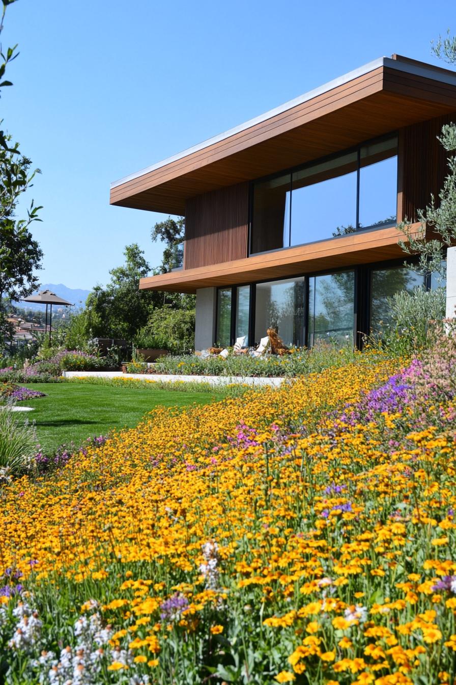 modern house yard with wildflower lawn