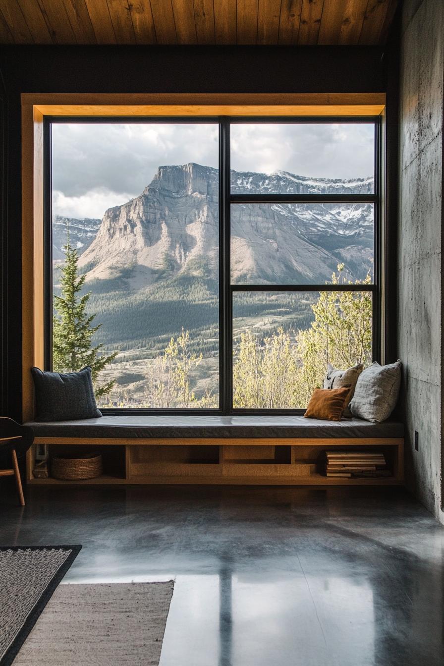 modern industrial style home interior with under window sill storage bench and stunning mountain views 1