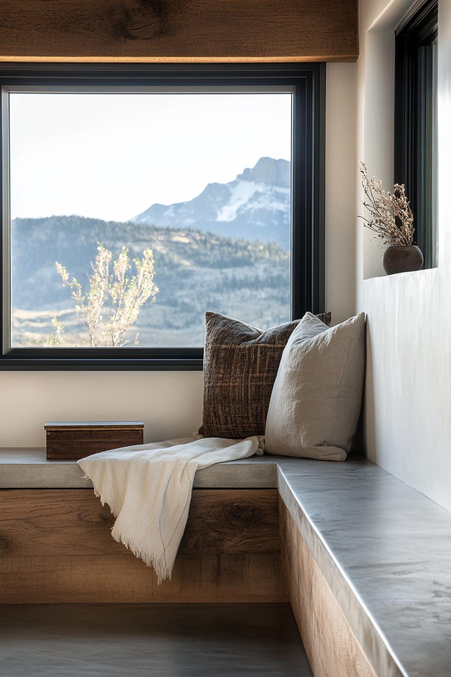 modern industrial style home interior with under window sill storage bench and stunning mountain views 2