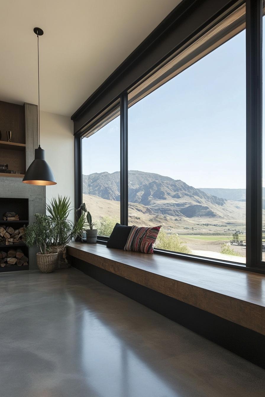 modern industrial style home interior with under window sill storage bench and stunning mountain views 3