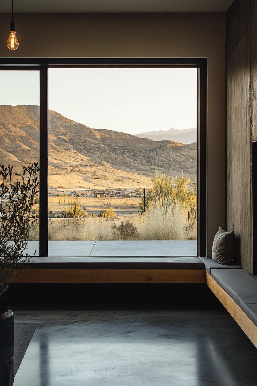 modern industrial style home interior with under window sill storage bench and stunning mountain views