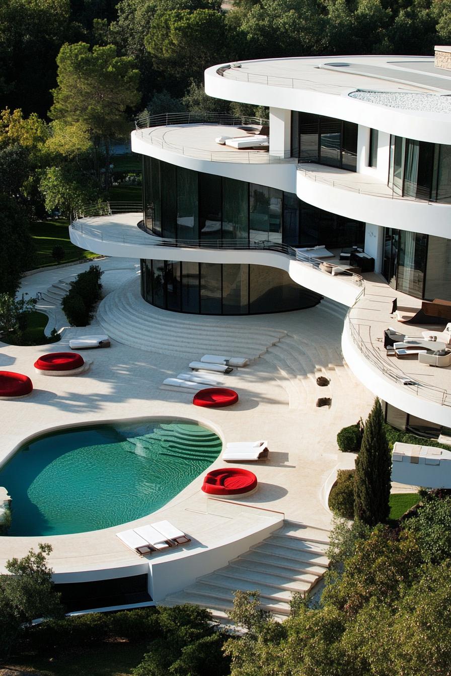 modern luxury giant mansion complex with modular outdoor lounge areas view from near above 1