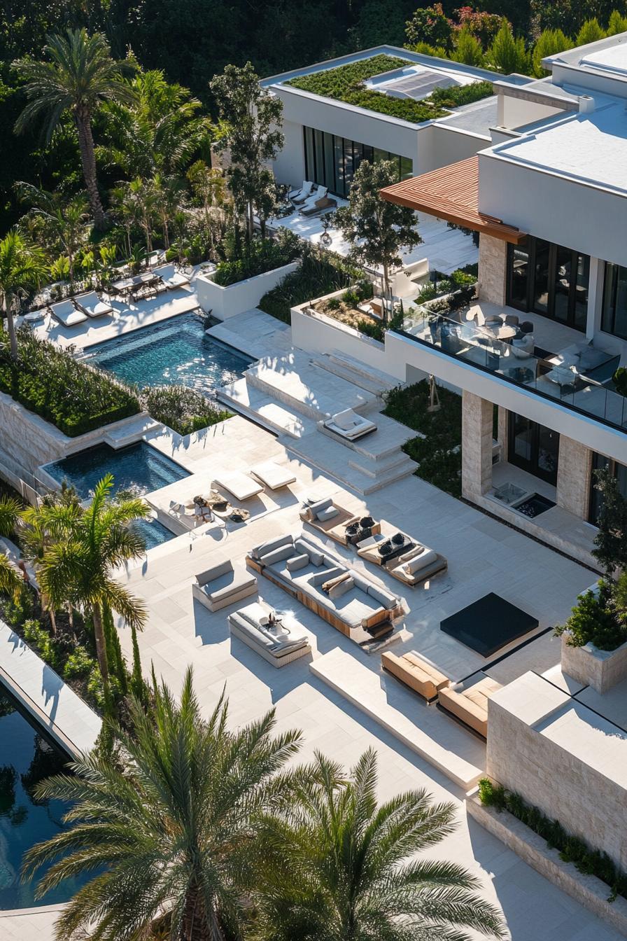 modern luxury giant mansion complex with modular outdoor lounge areas view from near above 2