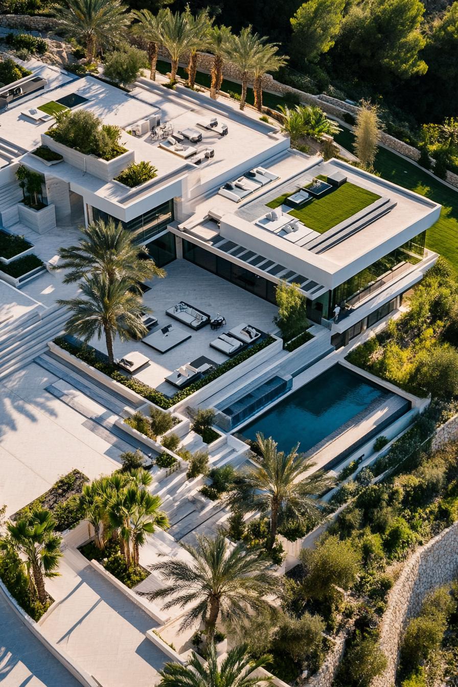 modern luxury giant mansion complex with modular outdoor lounge areas view from near above