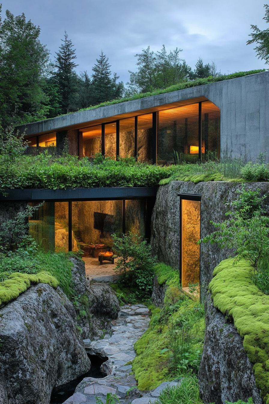 modern luxury mansion earth sheltered built into mossy hillside with skylights 1