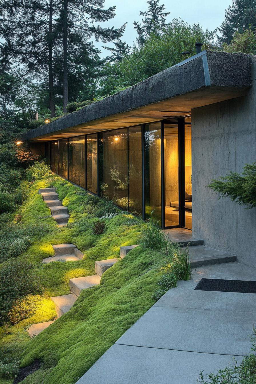 modern luxury mansion earth sheltered built into mossy hillside with skylights 2