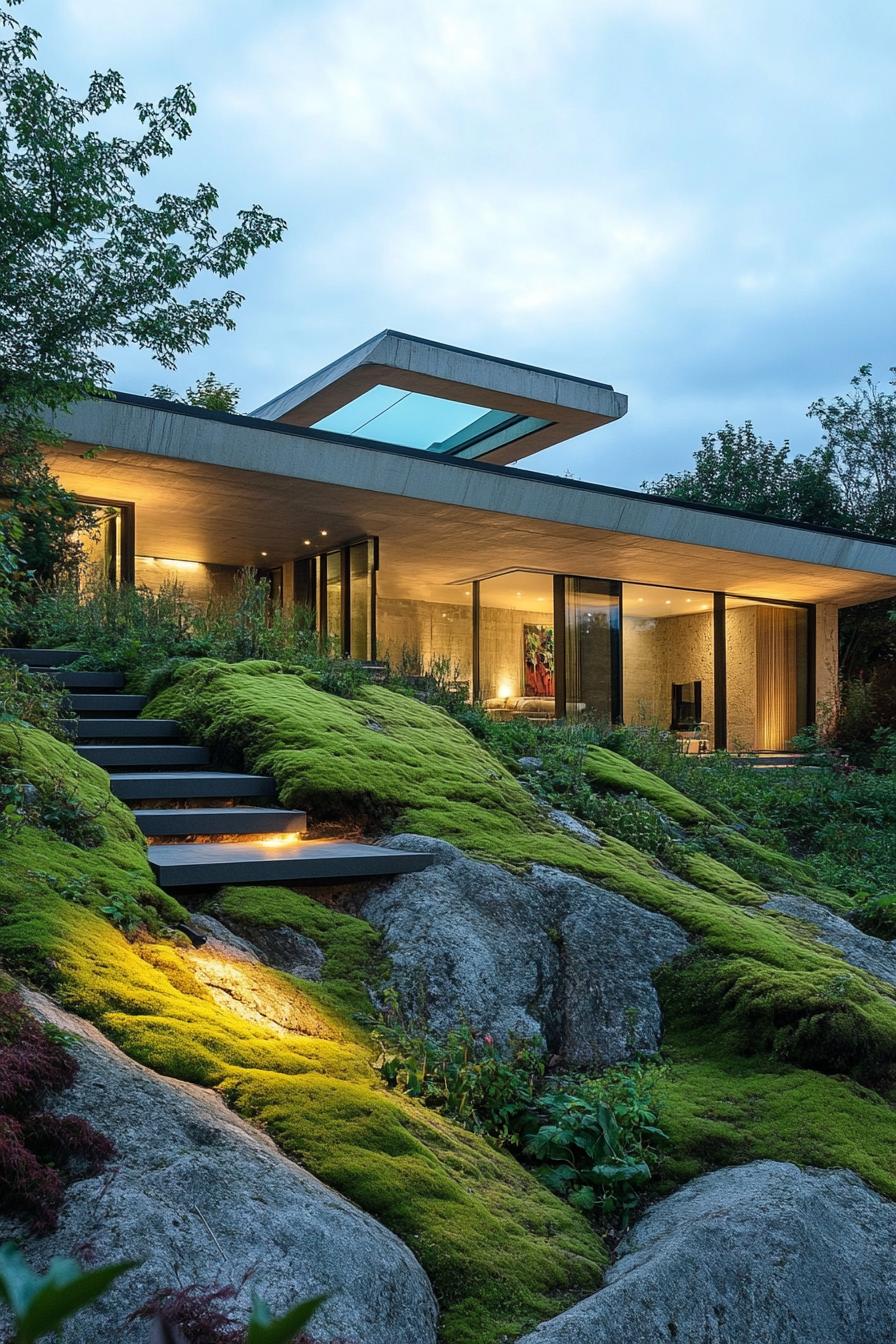 modern luxury mansion earth sheltered built into mossy hillside with skylights 3