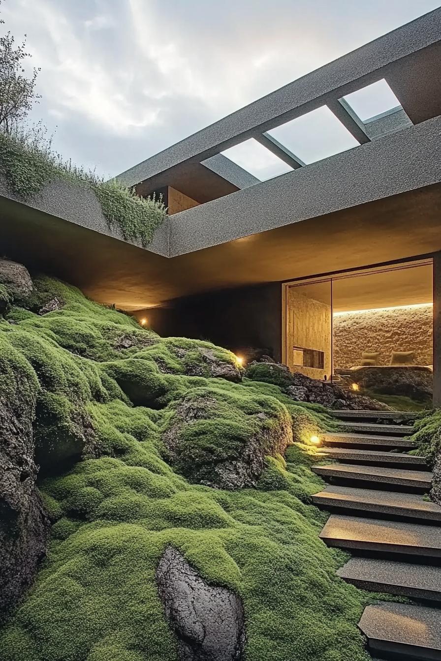 modern luxury mansion earth sheltered built into mossy hillside with skylights