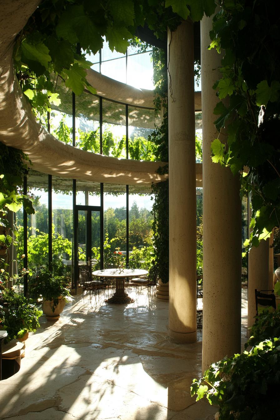 modern mansion house indoor atrium vineyard with columns and lush vines 1