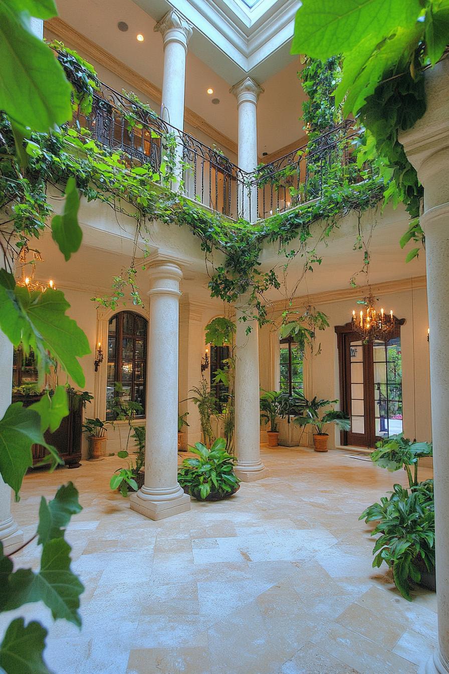 modern mansion house indoor atrium vineyard with columns and lush vines 2