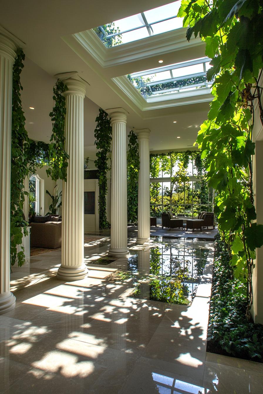 modern mansion house indoor atrium vineyard with columns and lush vines 3