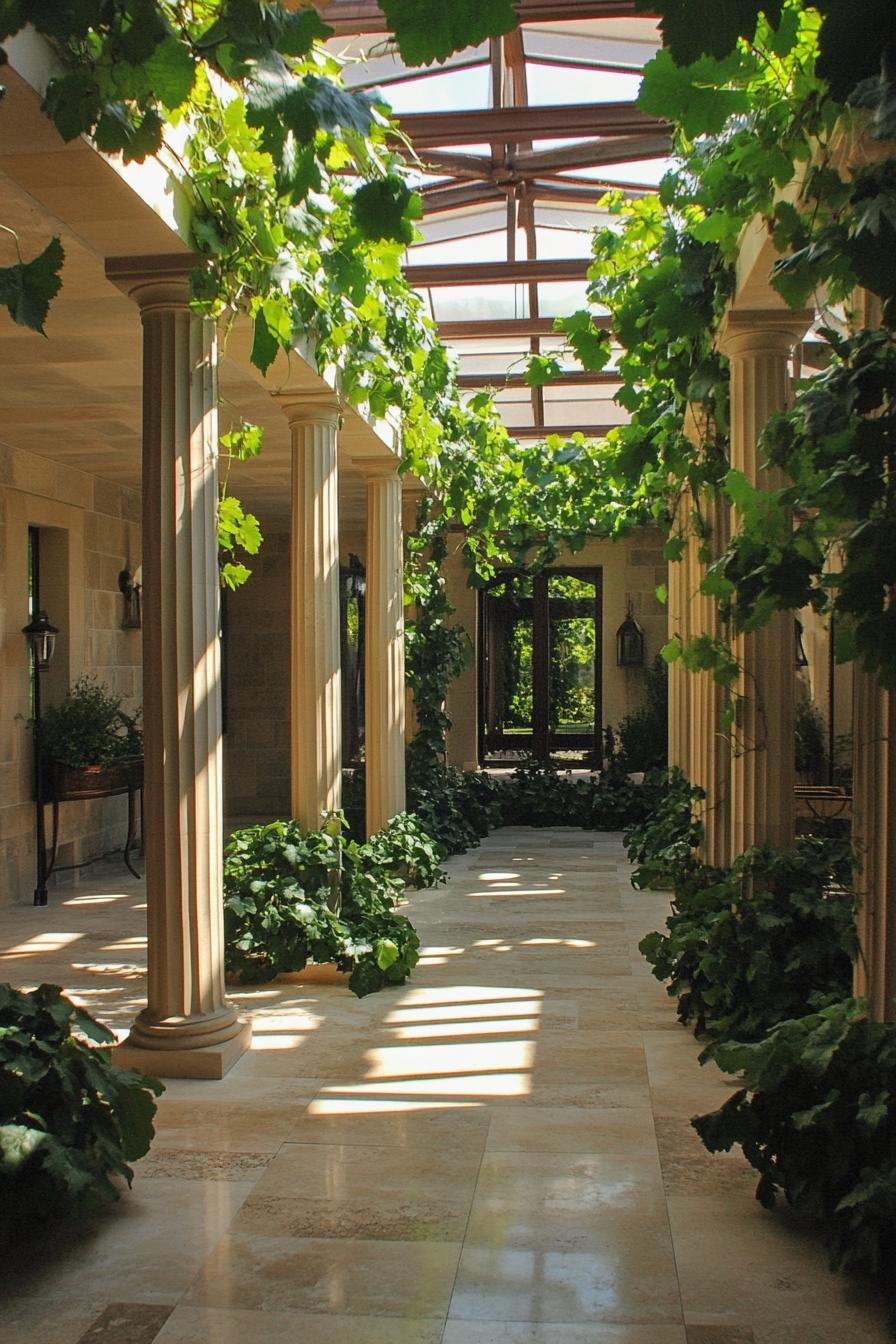 modern mansion house indoor atrium vineyard with columns and lush vines