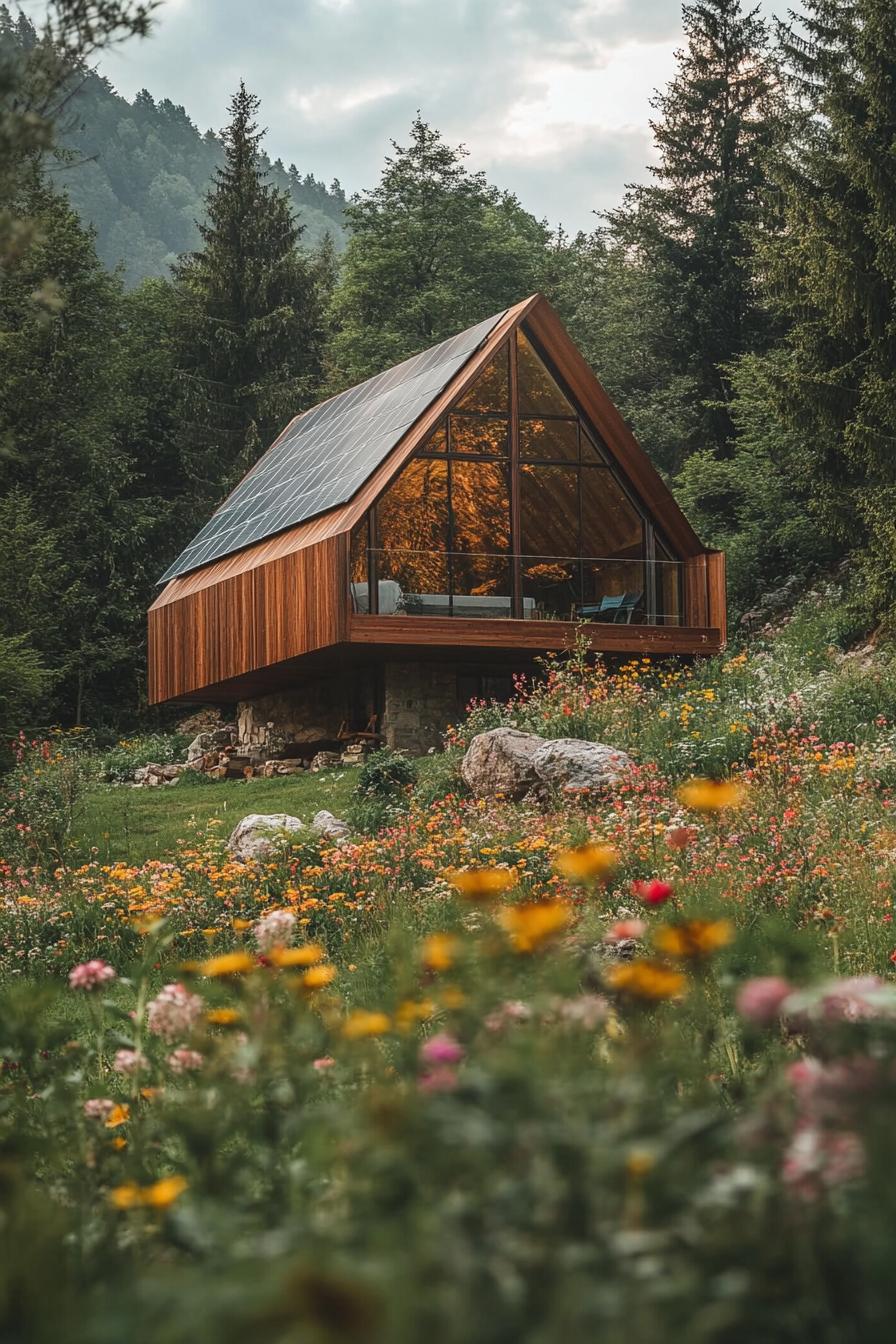 modern minimalist geometric cabin with solar panel roof in mountain forest the cabin is surrounded with flower bed garden 1