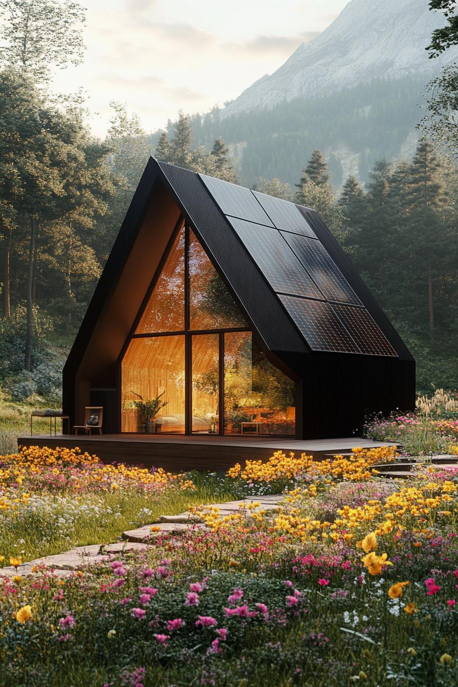 modern minimalist geometric cabin with solar panel roof in mountain forest the cabin is surrounded with flower bed garden 2