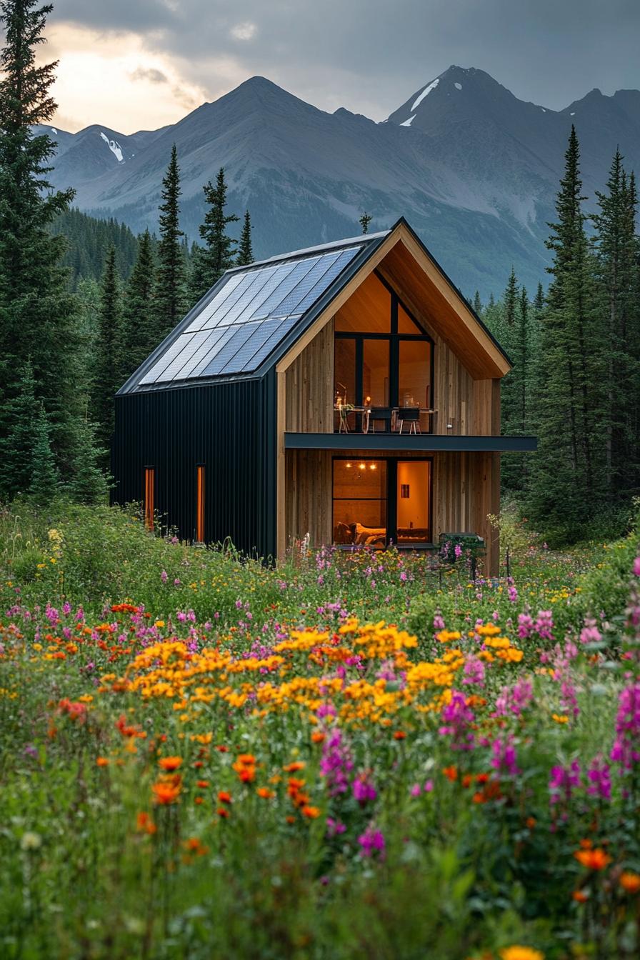 modern minimalist geometric cabin with solar panel roof in mountain forest the cabin is surrounded with flower bed garden 3