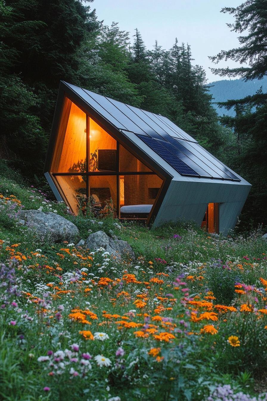 modern minimalist geometric cabin with solar panel roof in mountain forest the cabin is surrounded with flower bed garden