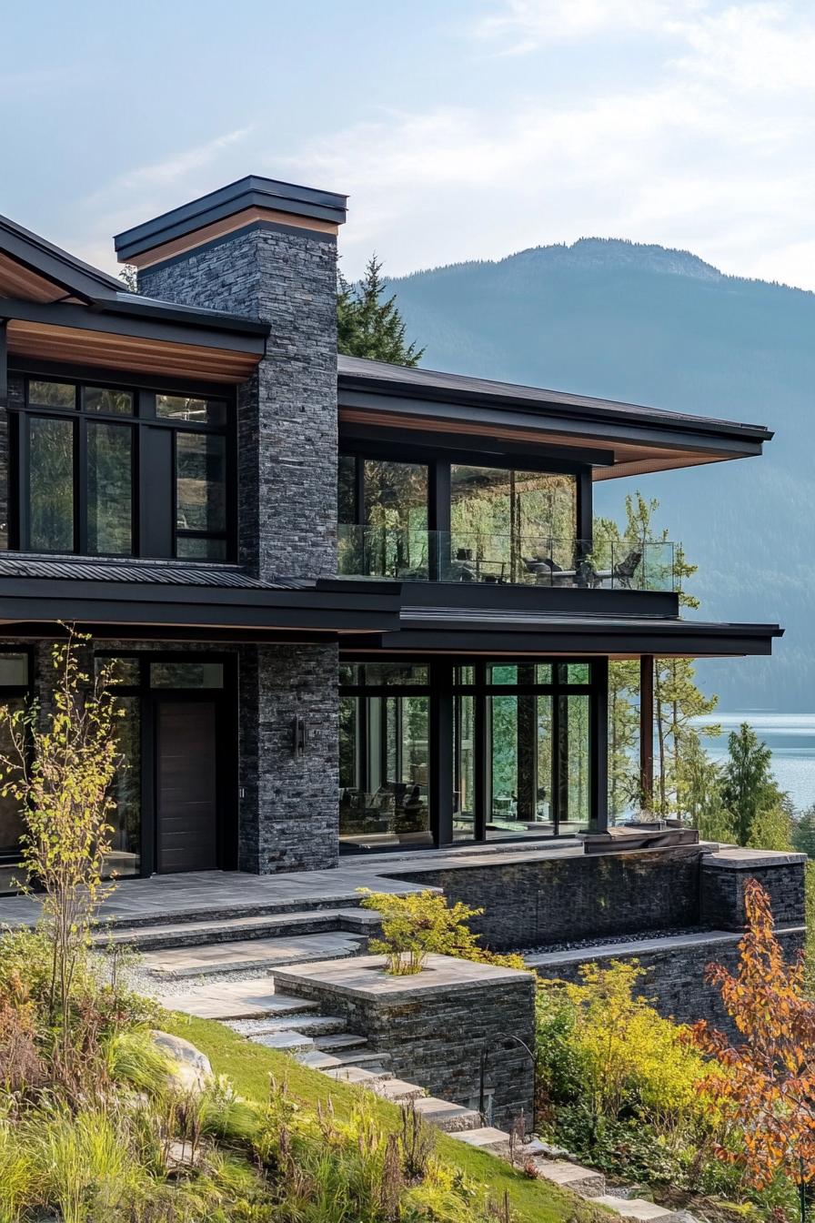 modern mountain house with dark stone facade and black beams with stunning lake mountain views 1