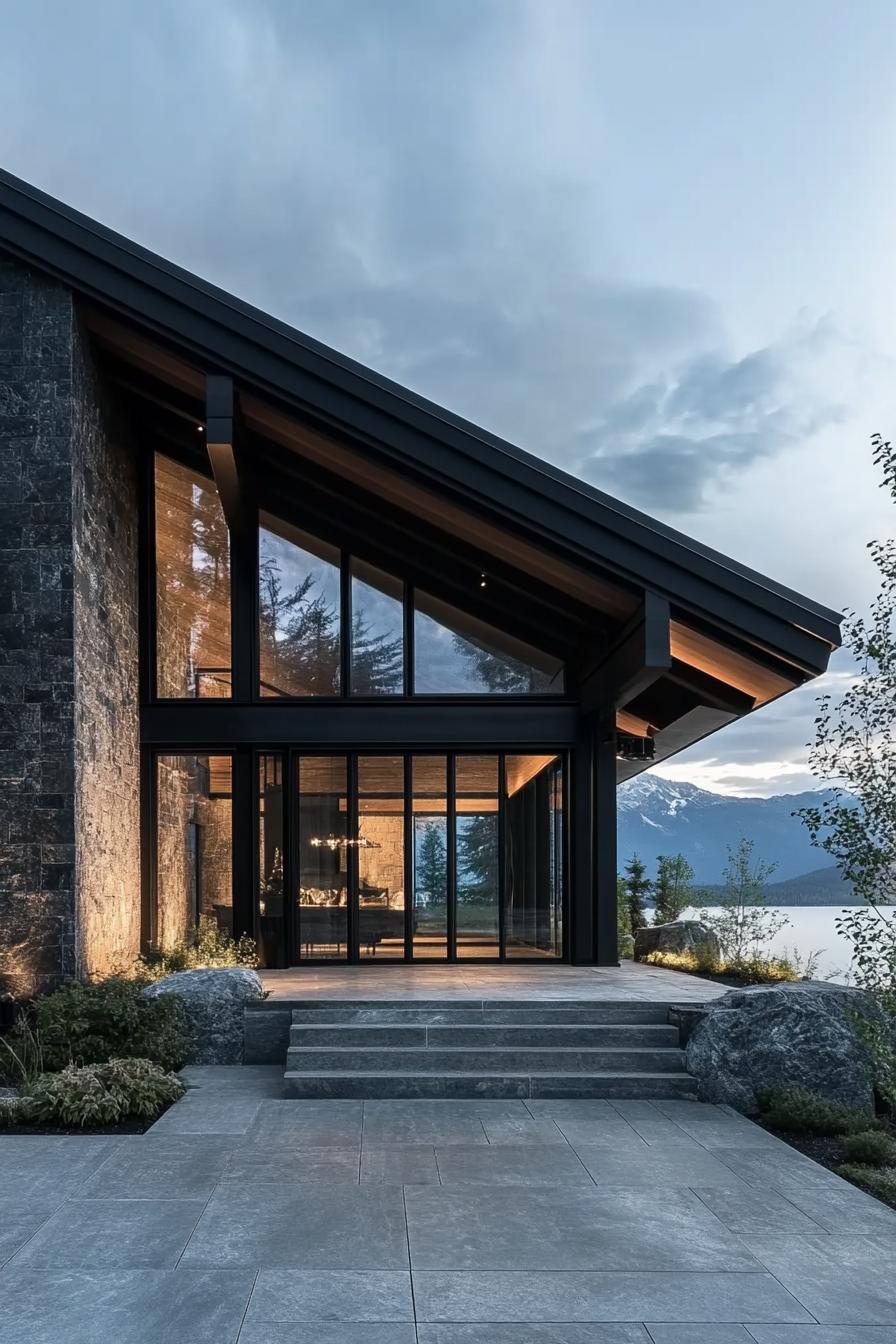 modern mountain house with dark stone facade and black beams with stunning lake mountain views 2