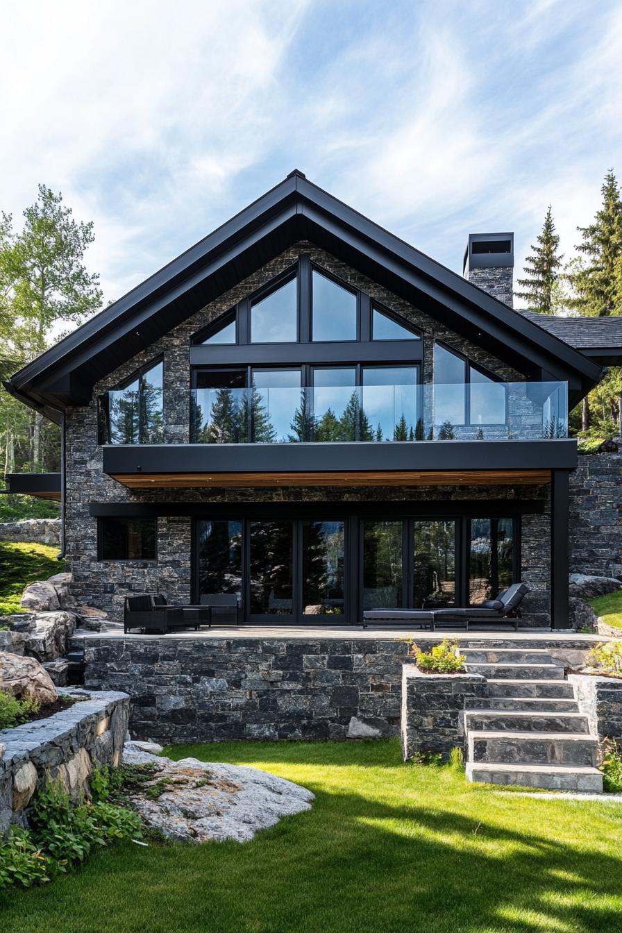 modern mountain house with dark stone facade and black beams with stunning lake mountain views 3