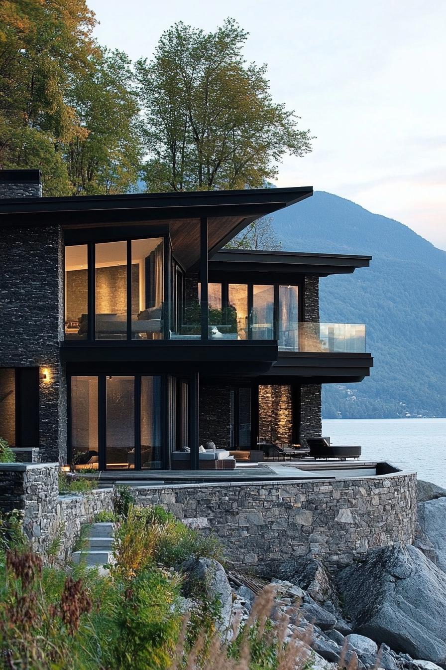 modern mountain house with dark stone facade and black beams with stunning lake mountain views