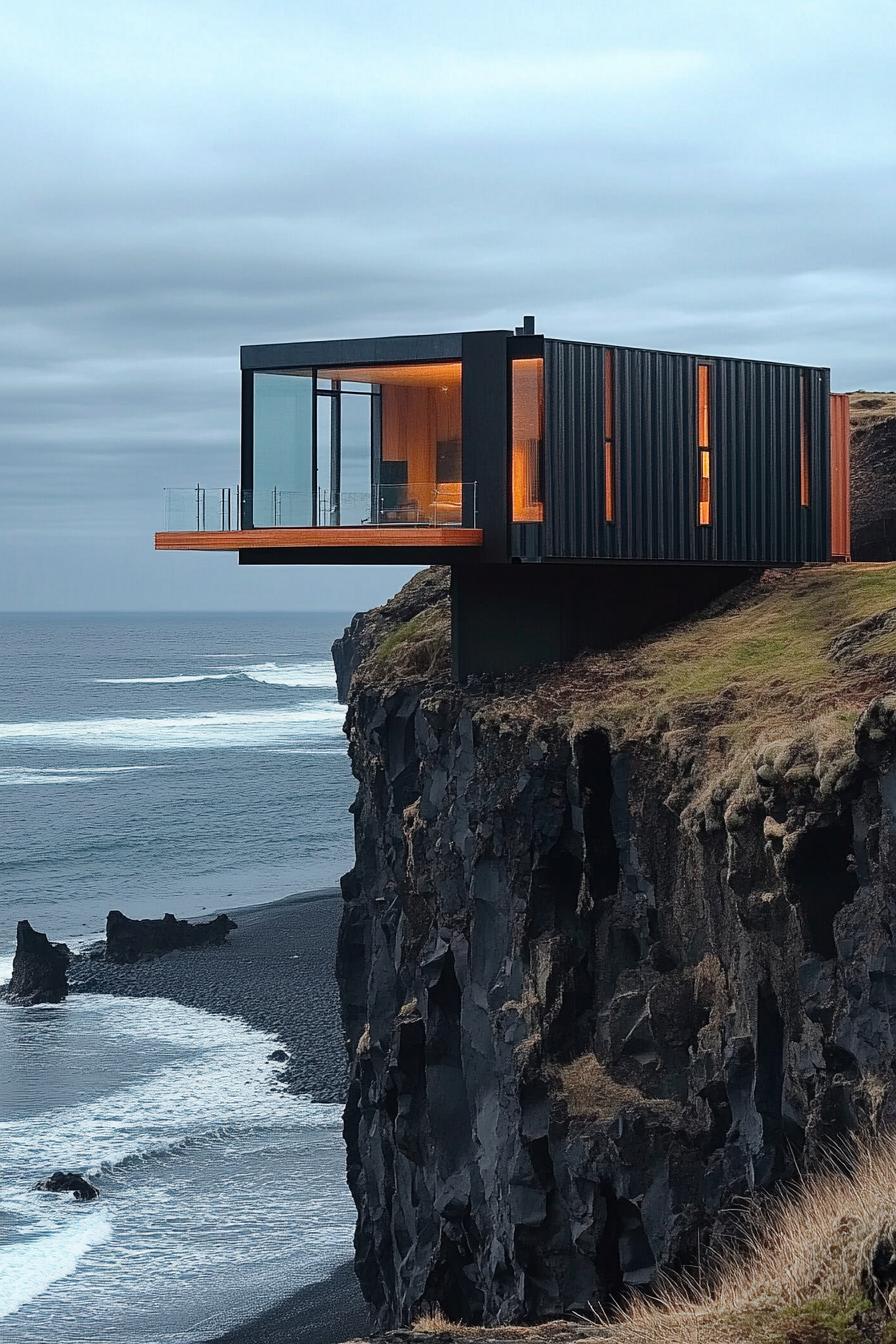 modern multi level shipping container house built into cliff rock overlooking a black volcanic island shore 1