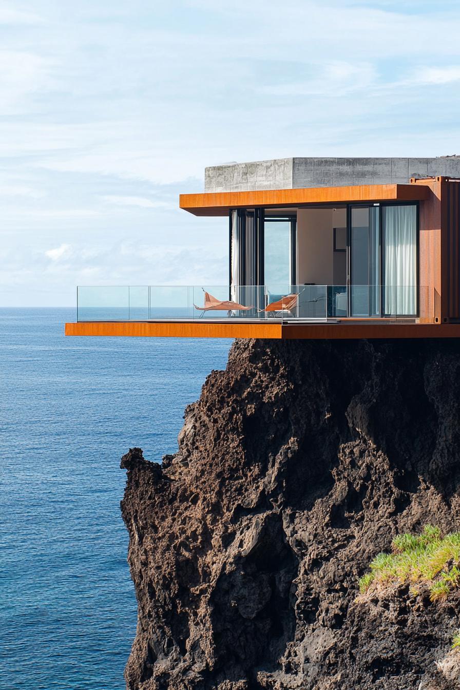 modern multi level shipping container house built into cliff rock overlooking a black volcanic island shore 2