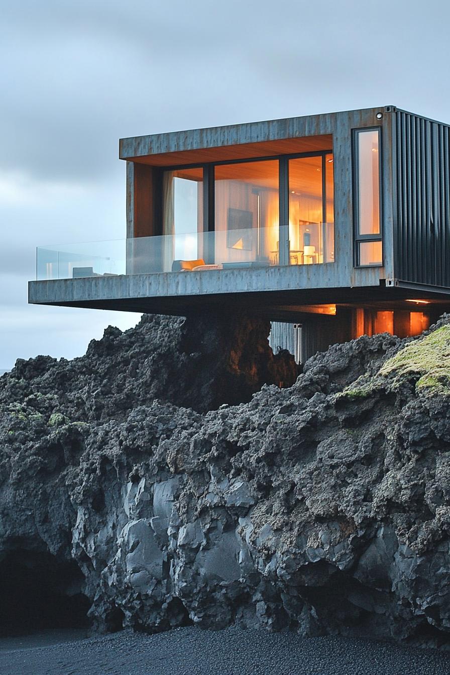 modern multi level shipping container house built into cliff rock overlooking a black volcanic island shore 3