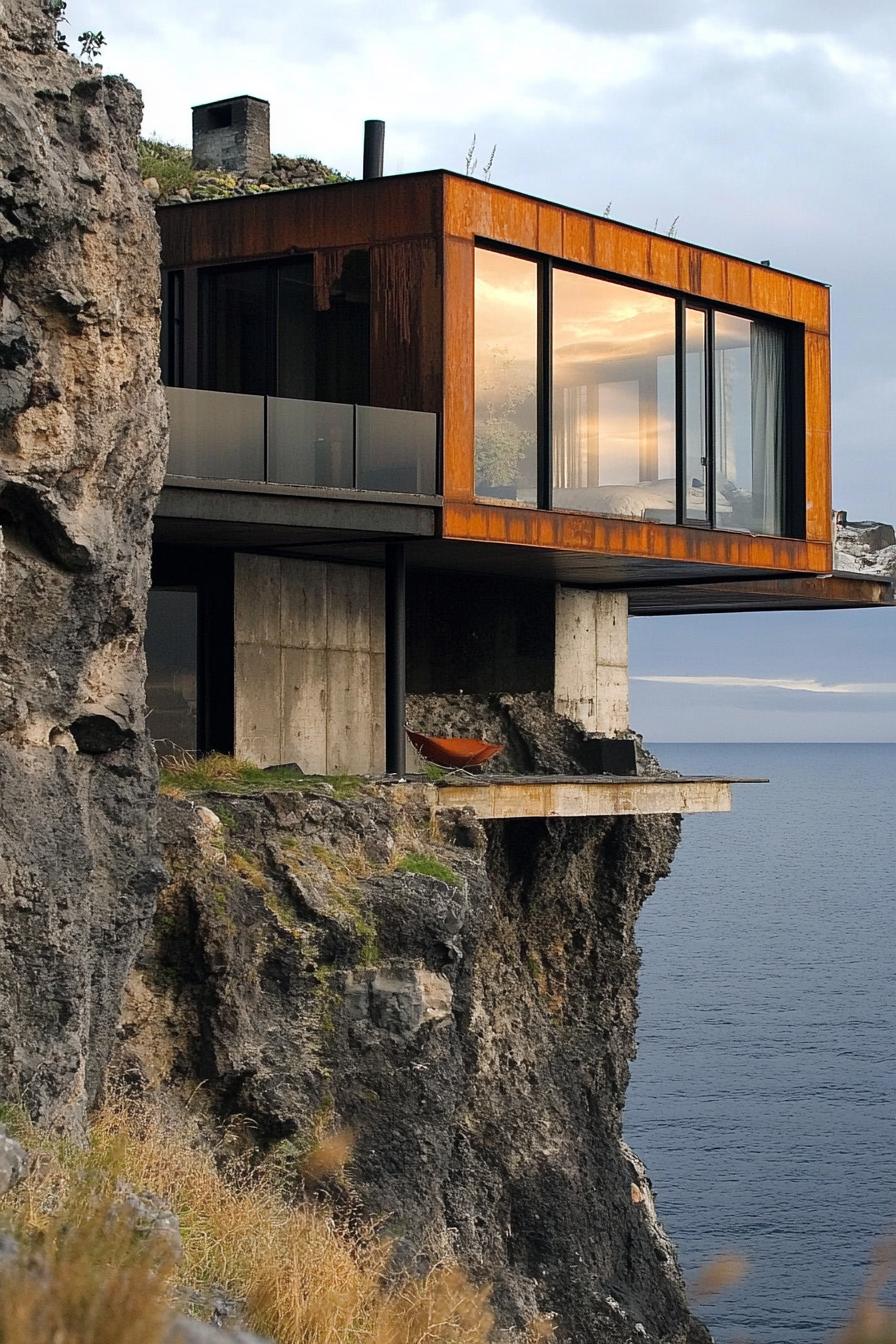 modern multi level shipping container house built into cliff rock overlooking a black volcanic island shore