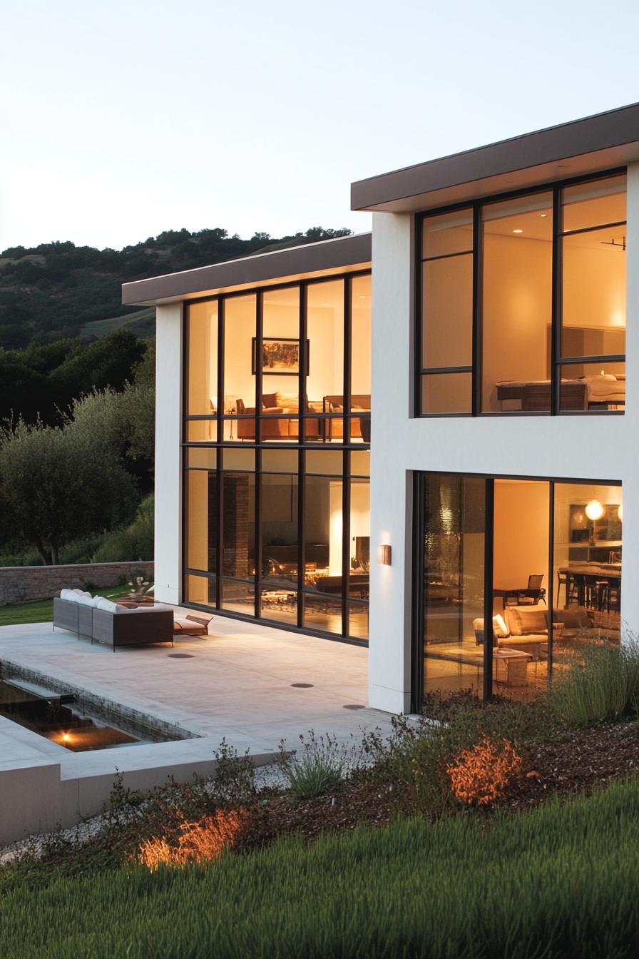 modern off white house exterior with large windows with stunning countryside views