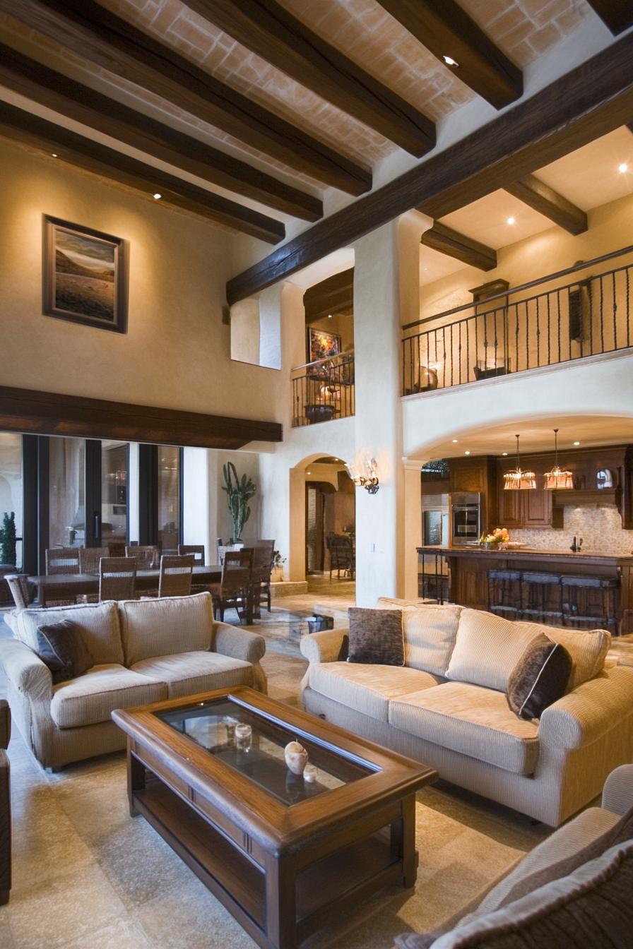 modern spanish villa interior wooden beams