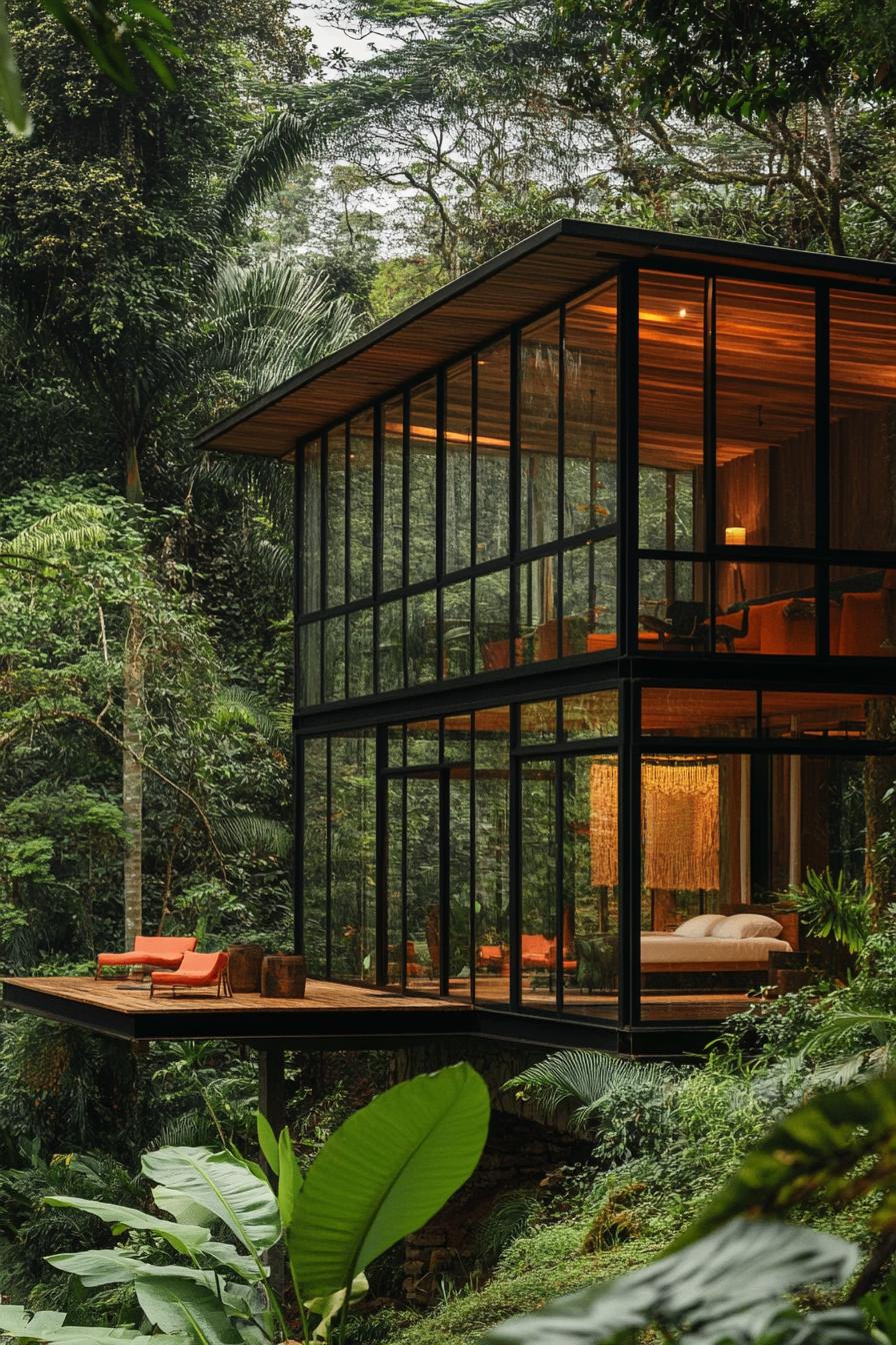 modern timber cabin with glass walls in lush tropical forest 1