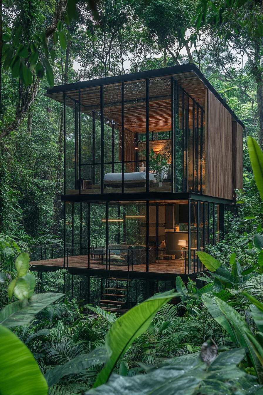 modern timber cabin with glass walls in lush tropical forest 2