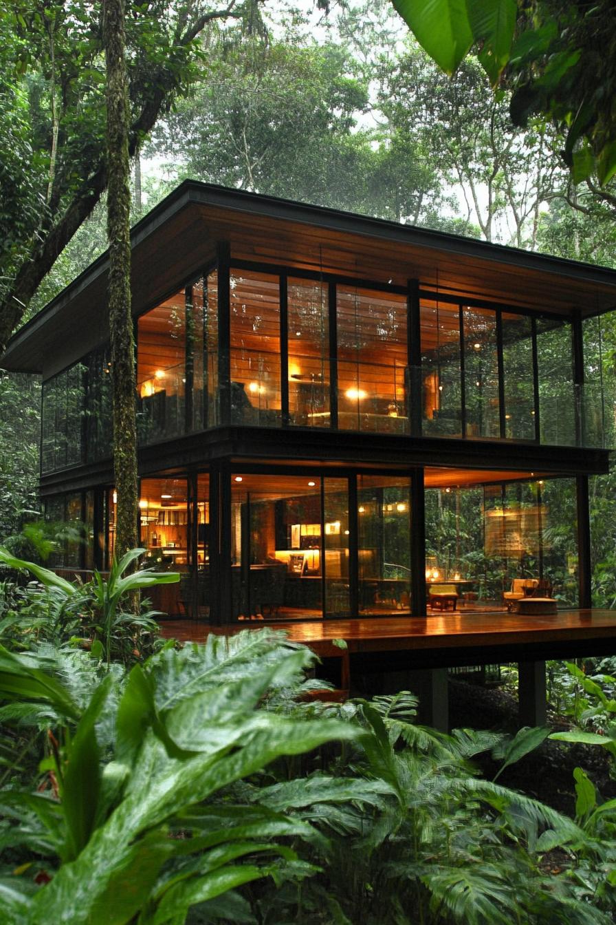 modern timber cabin with glass walls in lush tropical forest 3