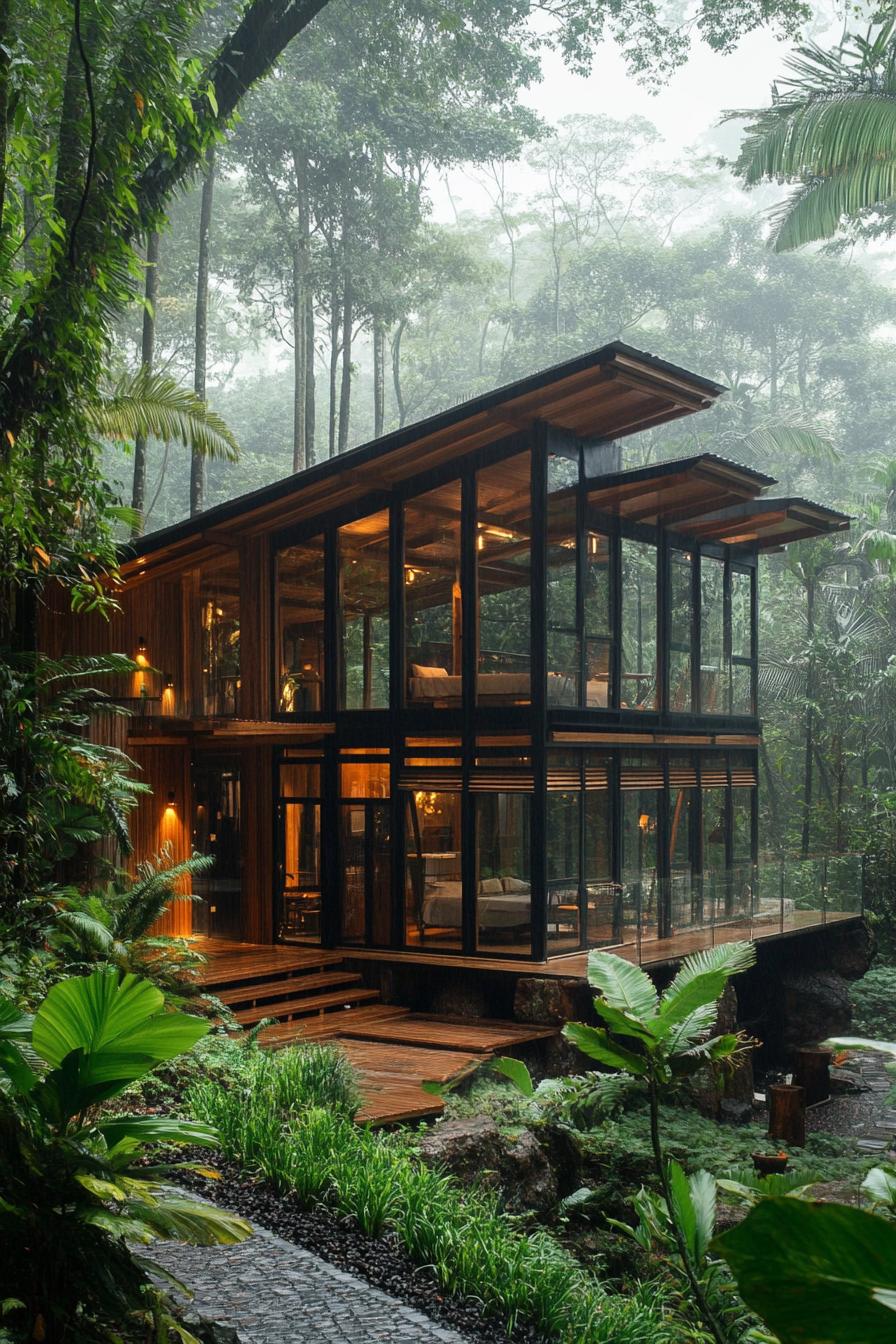 modern timber cabin with glass walls in lush tropical forest