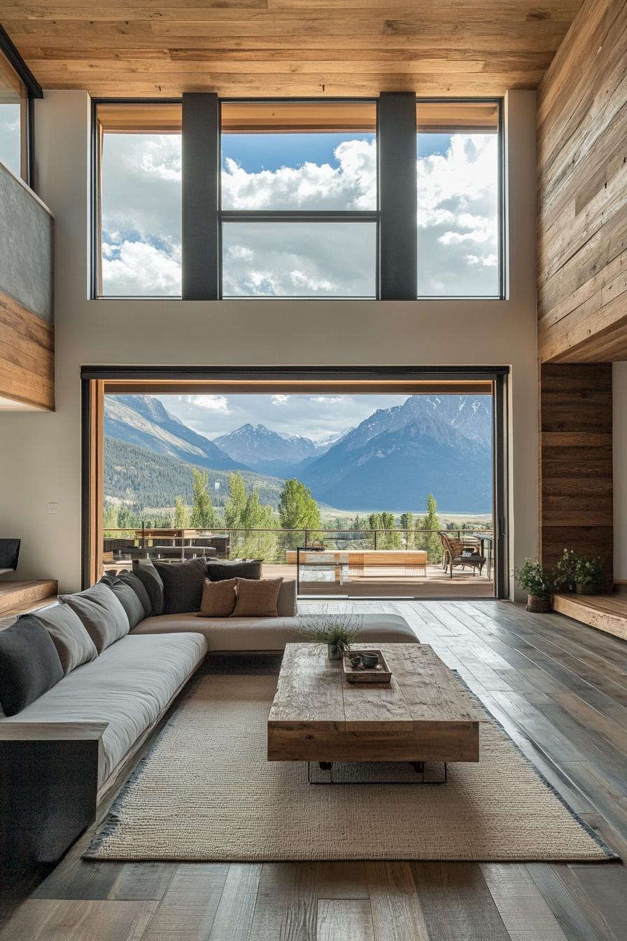 modern zen style home interior with reclaimed wood accents large windows overlooking mountains 1