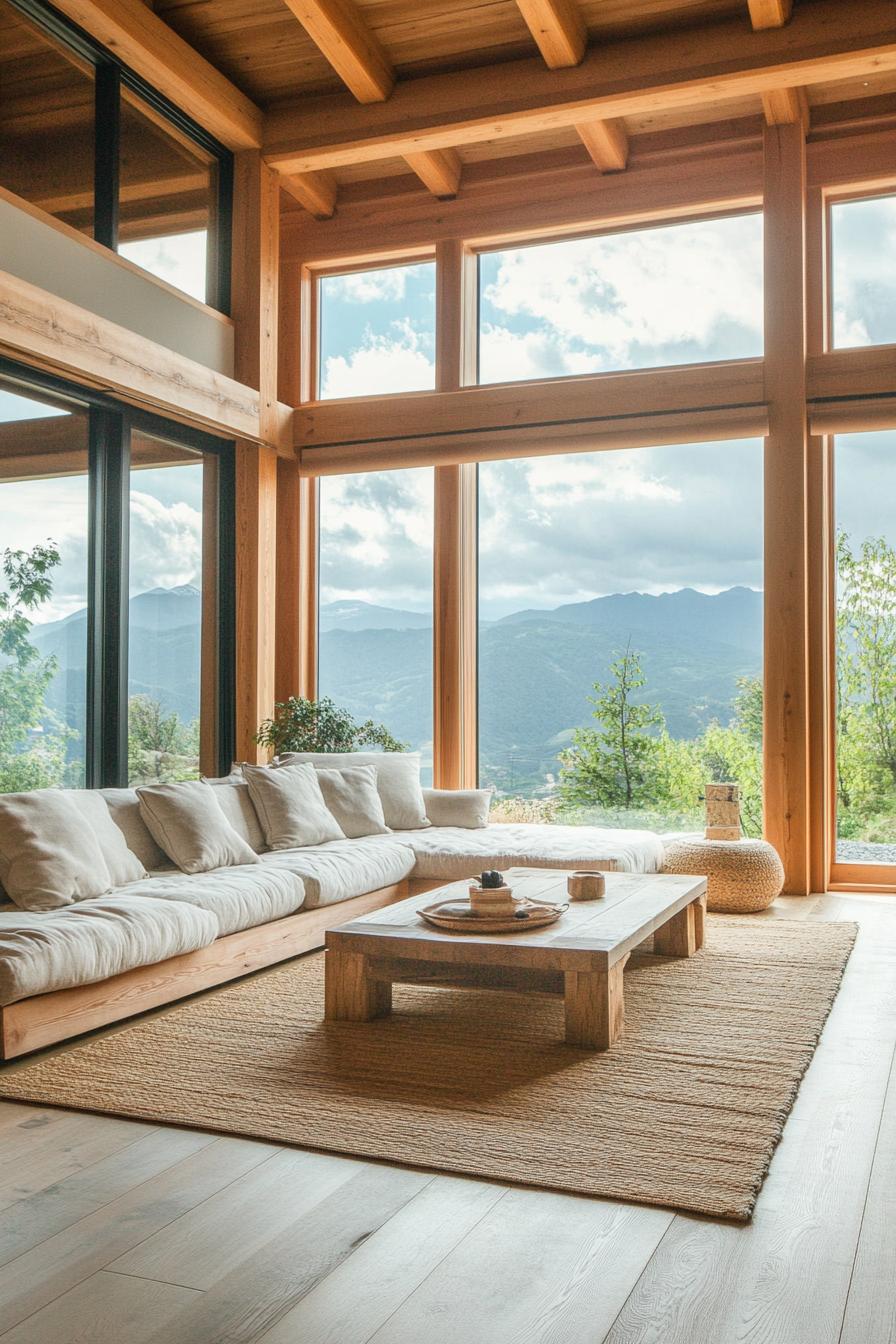 modern zen style home interior with reclaimed wood accents large windows overlooking mountains 2