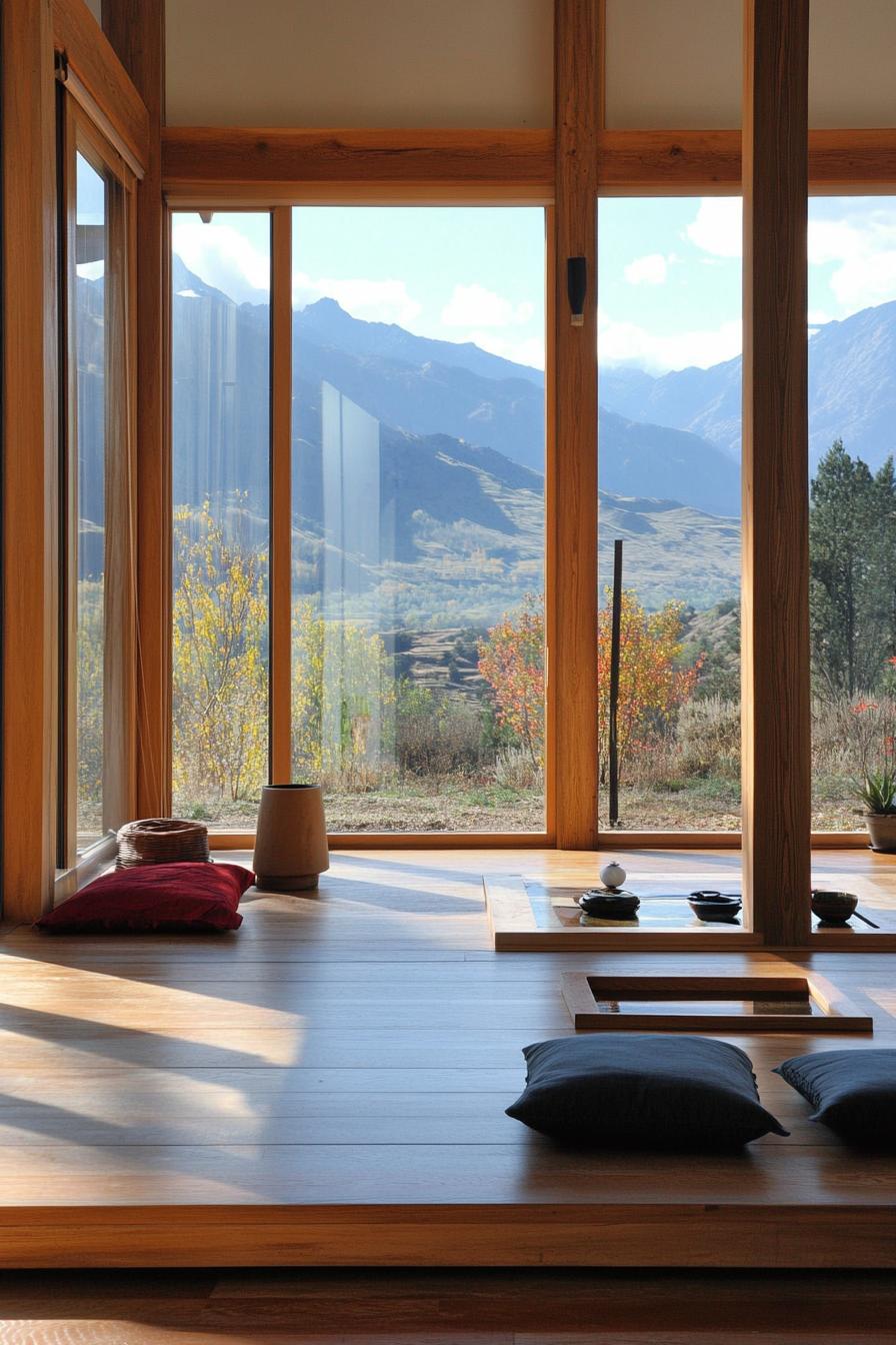 modern zen style home interior with reclaimed wood accents large windows overlooking mountains 3