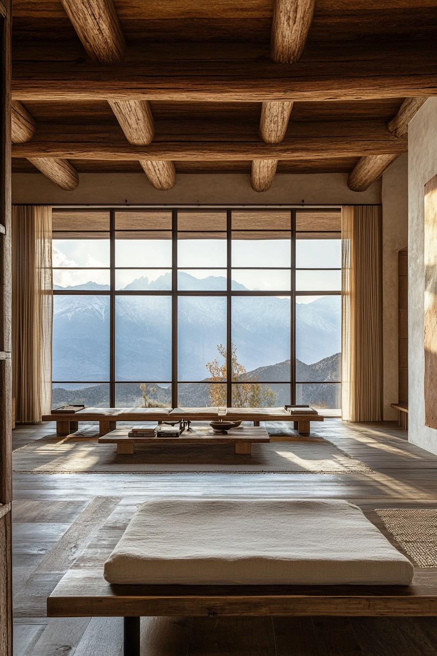 modern zen style home interior with reclaimed wood accents large windows overlooking mountains