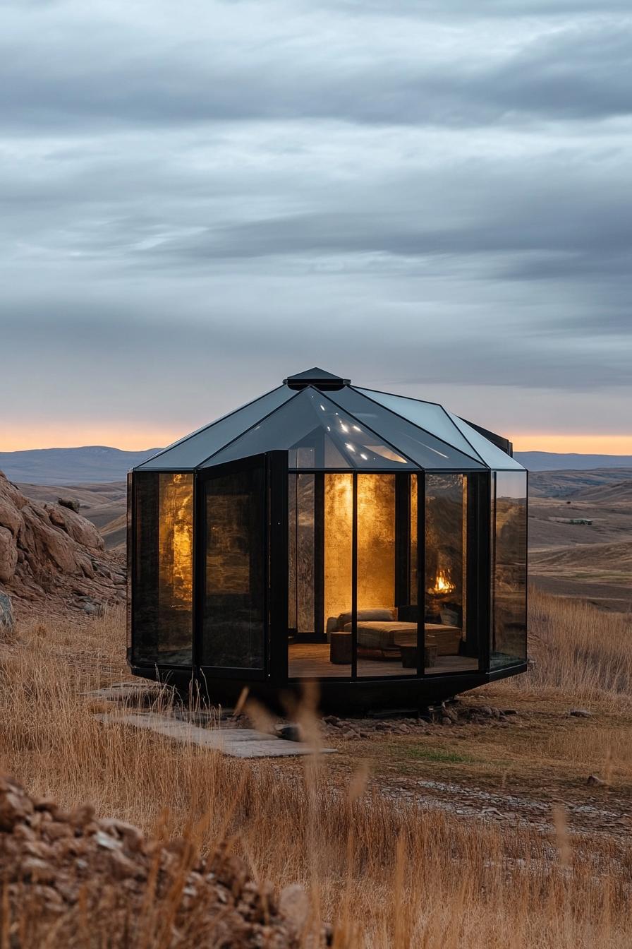 prefab glass and matte black steel geometric yurt in an open valley 1