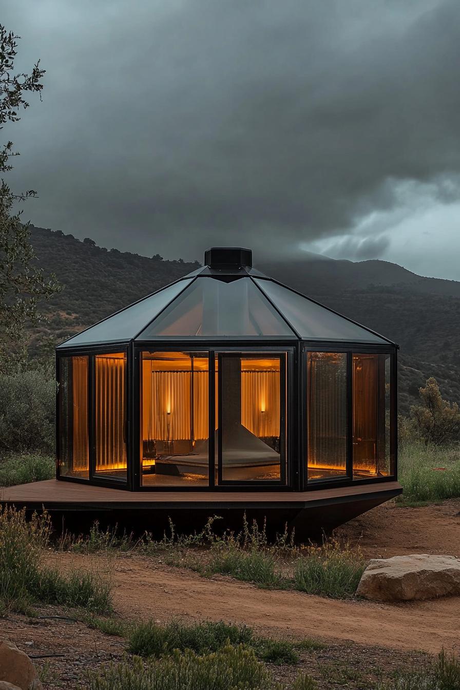 prefab glass and matte black steel geometric yurt in an open valley 2