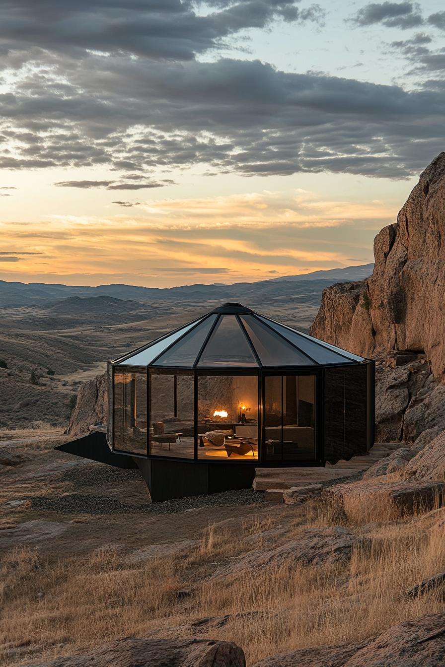 prefab glass and matte black steel geometric yurt in an open valley 3