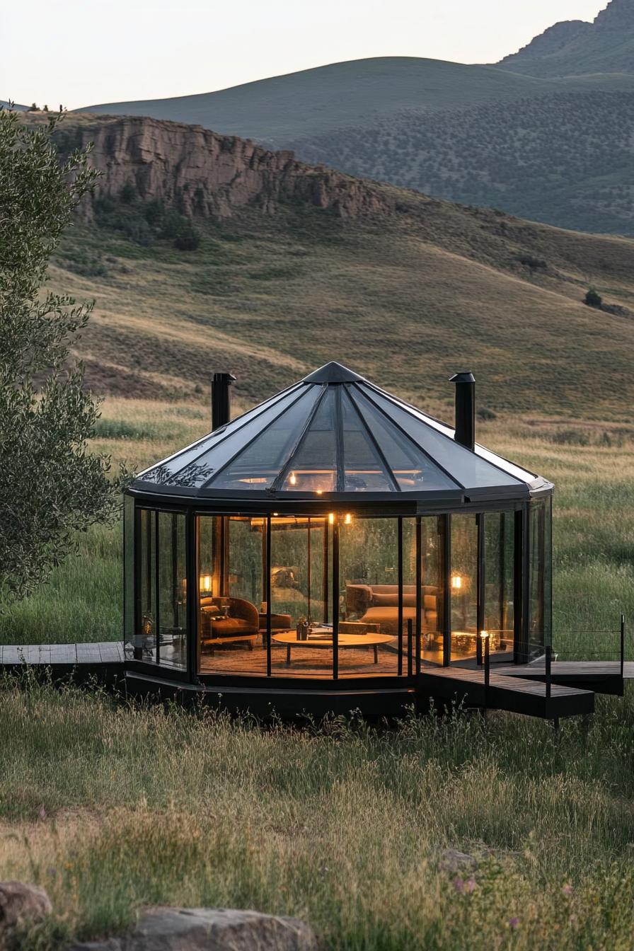 prefab glass and matte black steel geometric yurt in an open valley