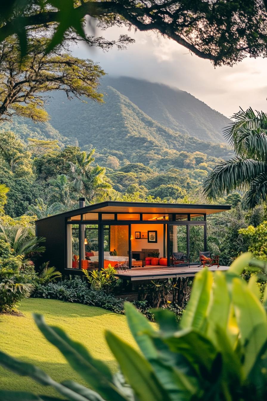 tiny mid century modern cabin exterior with clerestory windows in tropical forest with a mountain in the background 1